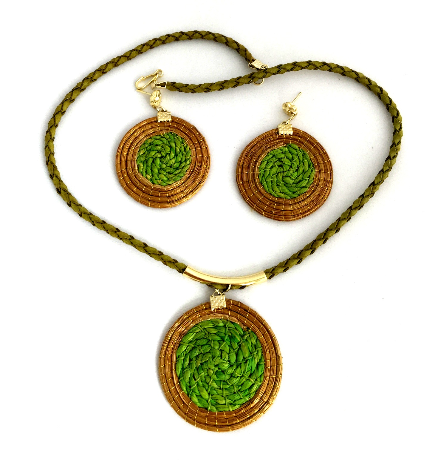 Necklace and Earring Set - Mandala /Green Woven Center (CDP)